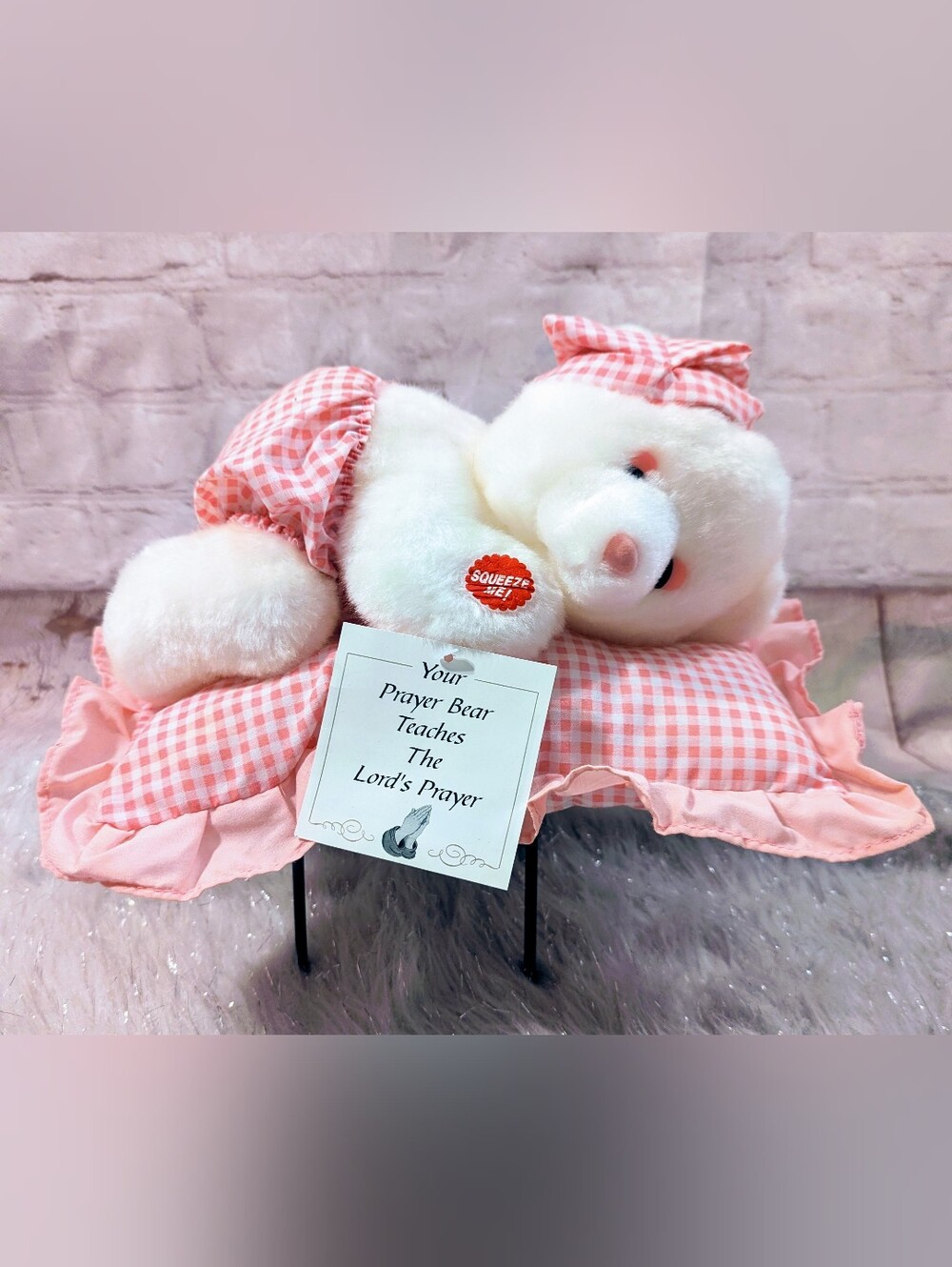 Prayer Bear Plush Toy - Pink Checkered Pajamas and Pillow